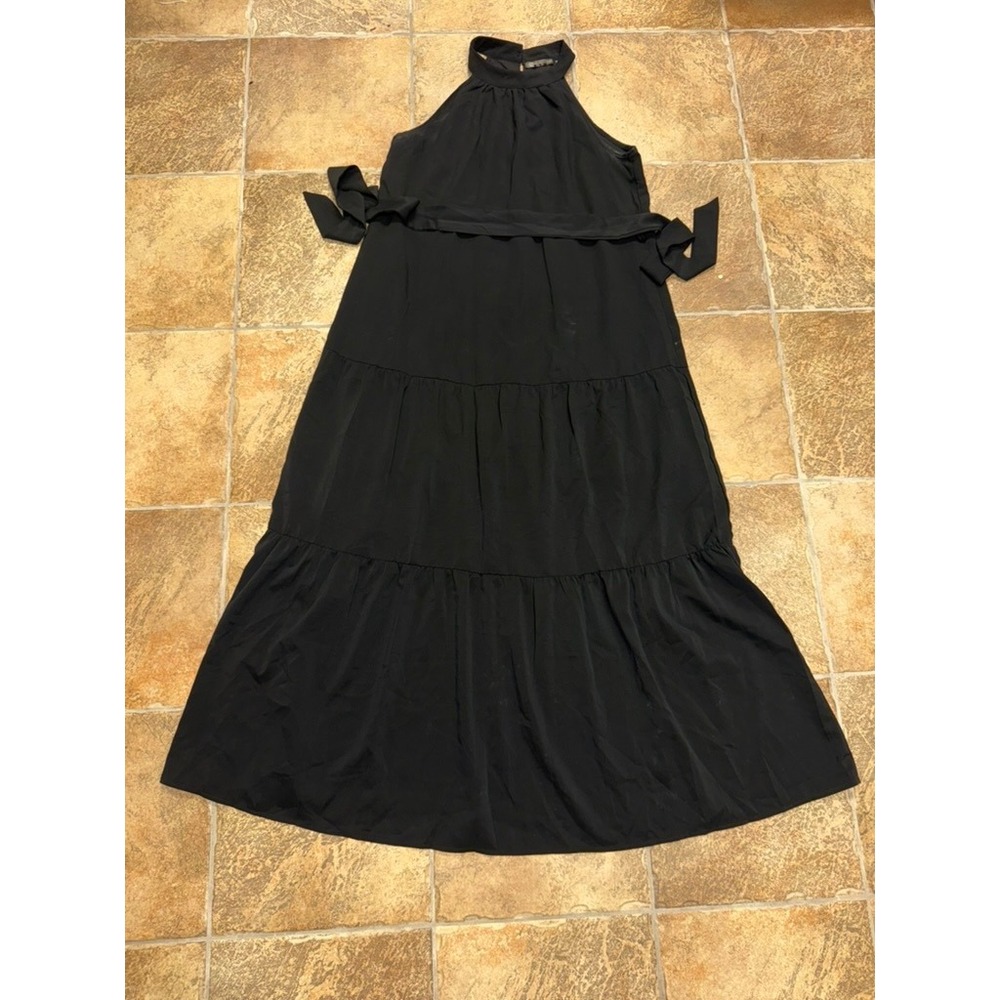 Dream Garden Womens Black Halter Neck Tiered Maxi Dress with Waist Tie Large